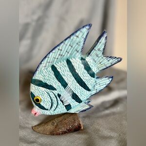 Hand Carved & Painted Wooden Tropical Fish On Wooden Base Angelfish